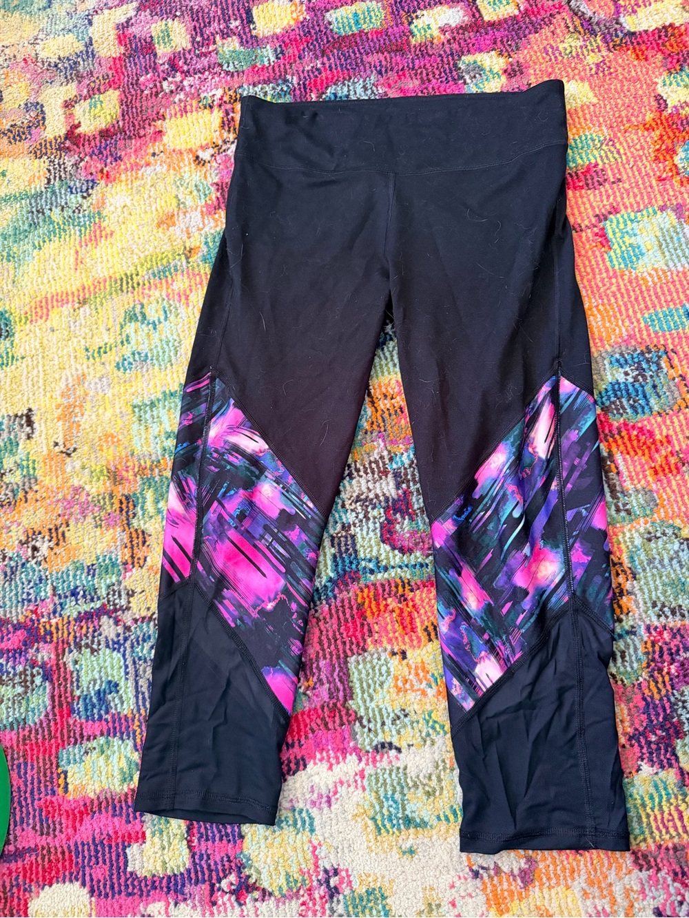 Women’s Black Capri Leggings with Pink & Purple Print